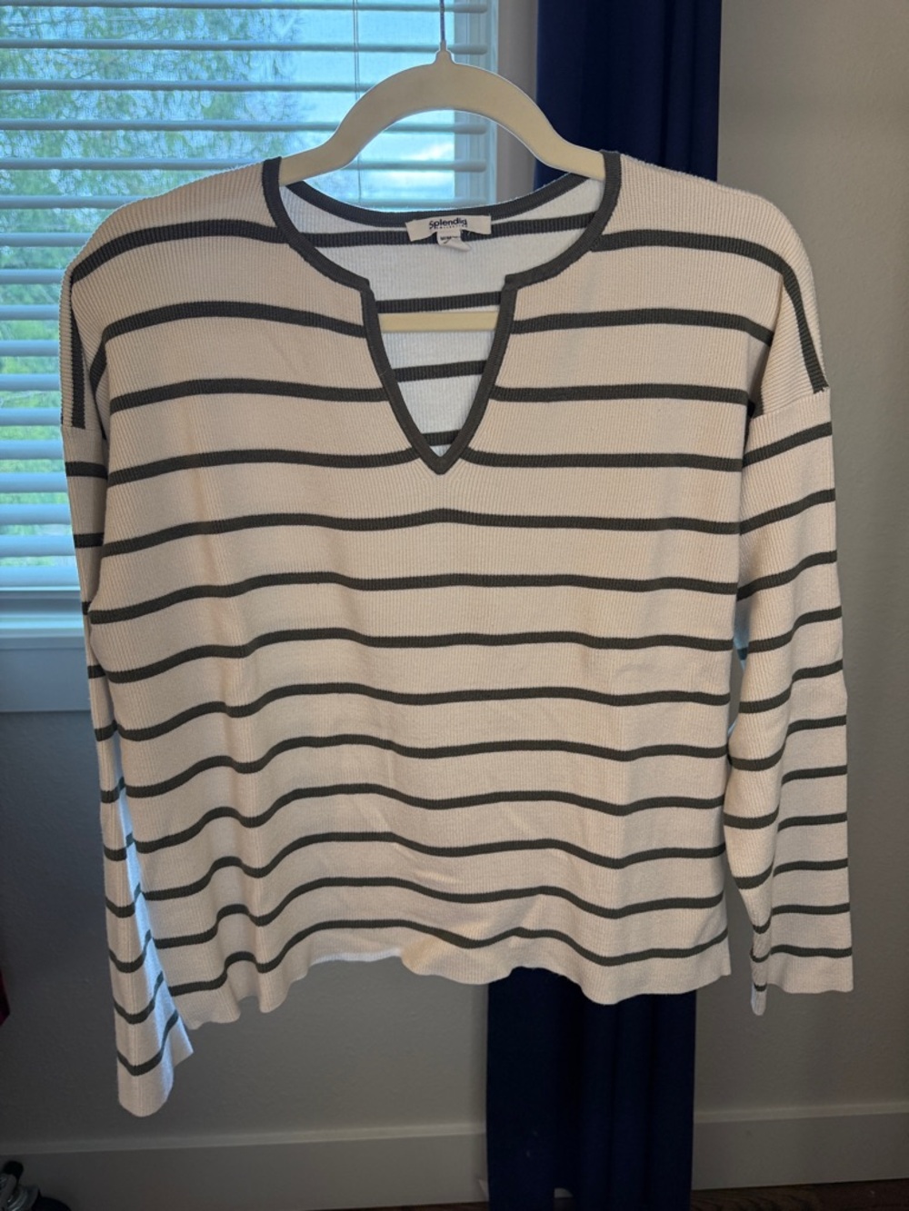 Splendid Cream & Green Striped V-Notch Long Sleeve Top
